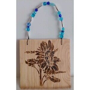 Handmade Flower Sign Wood Burnished 6" X 6" Wall Hanging Beaded Country Decor
